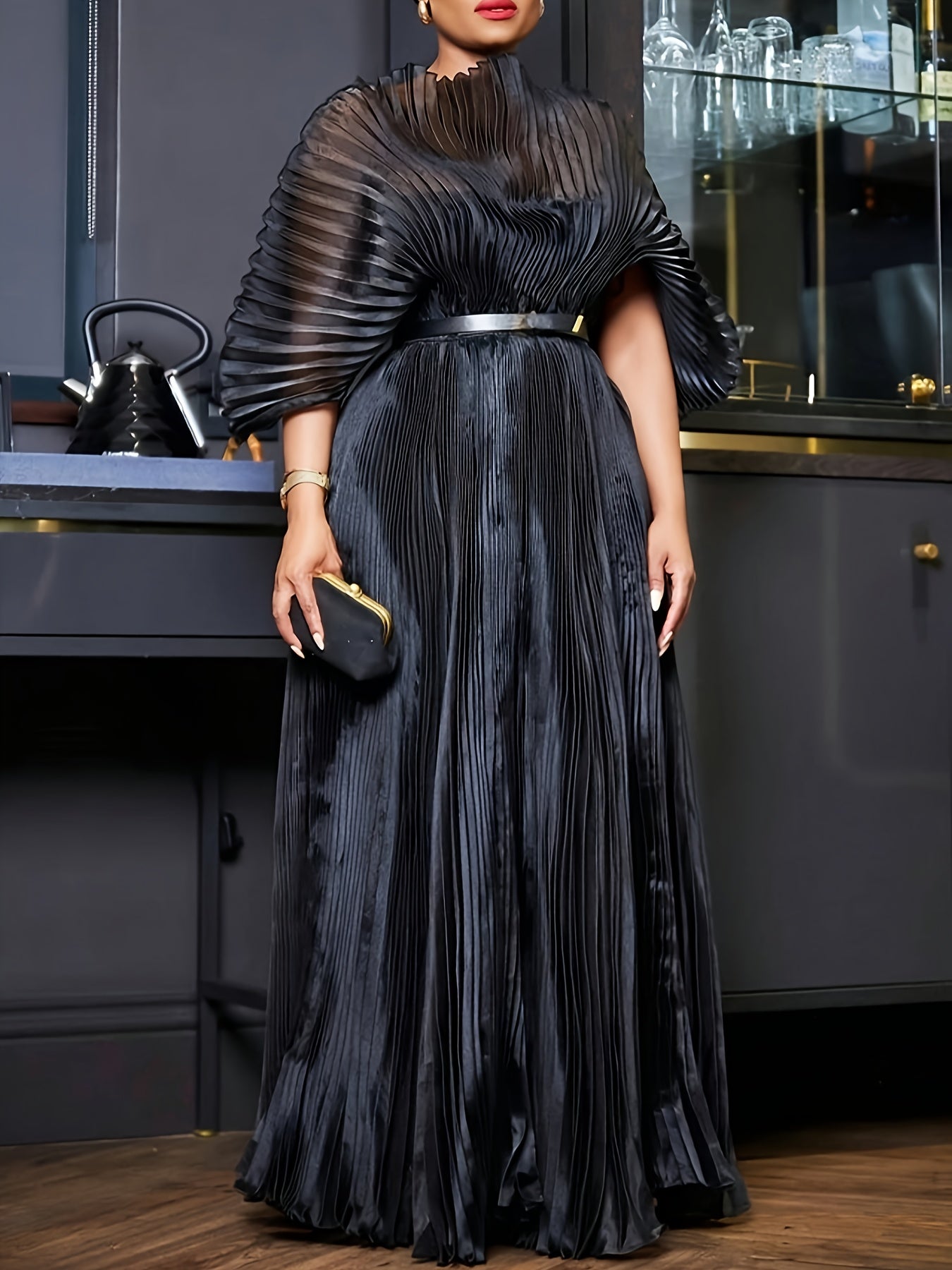 Black Stretchy Maternity Waist Pleated Maxi Dress - Elegant Long Sleeve Mesh Formal Gown with Ruching Detail, Nigerian Wedding Guest Dress for Photoshoots, Birthday Parties & African Events, All-Season Women's Fashion, Formal